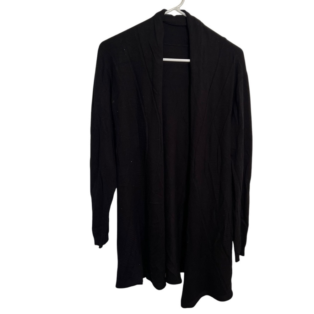 Sioni Women's Open Front Draped Waterfall Cardigan Black Ribbed Cable Knit Wool